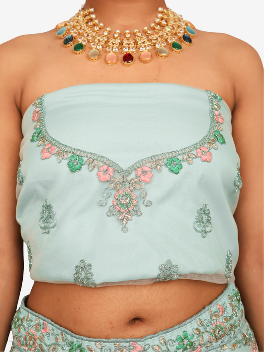 Semi-Stitched Lehenga with Soft Net Fabric & Zari Thread Work by Shreekama