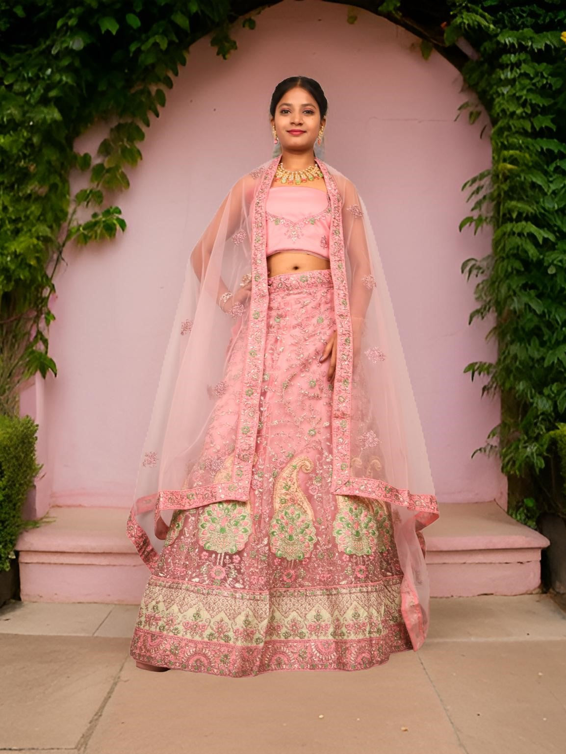 Semi-Stitched Lehenga with Soft Net Fabric & Zari Thread Work by Shreekama