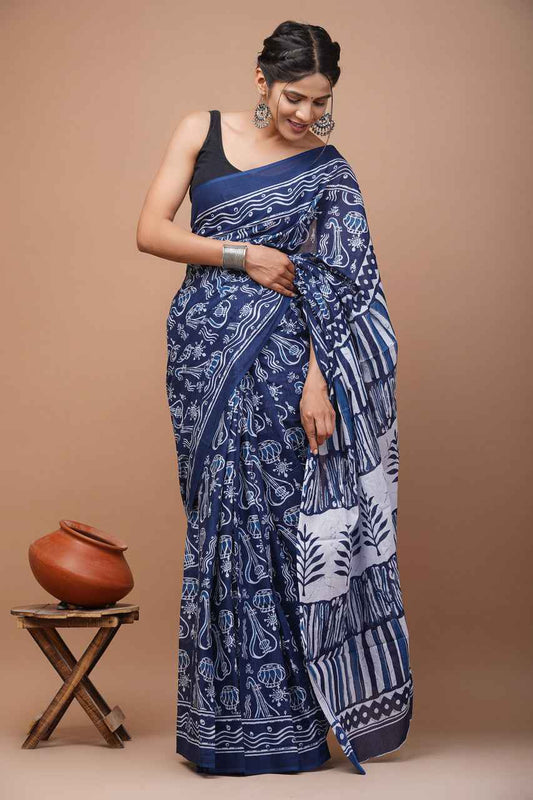 Tribal Trails Bagru Ink Mulmul Cotton Saree