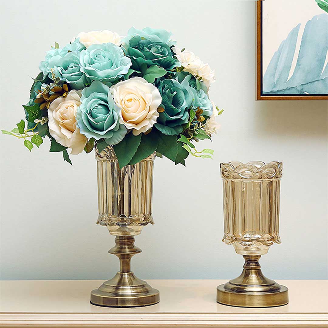 NNEAGS 28.5cm Transparent Glass Flower Vase with Metal Base Filler Vase