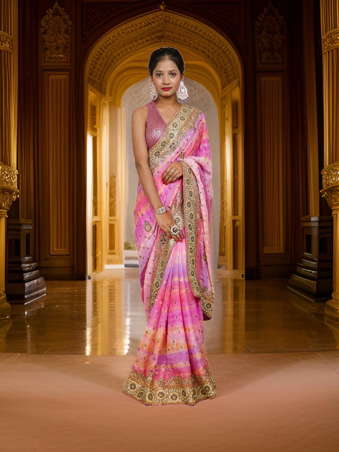 Designer Saree with Kundan & Cut Dana Work by Shreekama