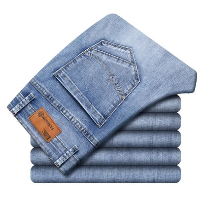 2024 Business Casual Men's Thin Denim Jeans Cotton Stretch Jeans Grey Spring Summer Brand New Fit Straight Lightweight