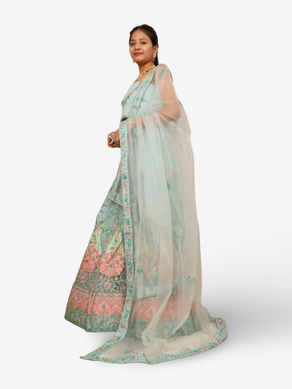 Semi-Stitched Lehenga with Soft Net Fabric & Zari Thread Work by Shreekama