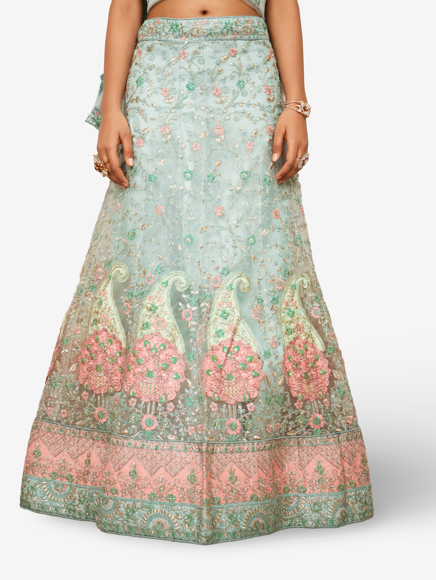 Semi-Stitched Lehenga with Soft Net Fabric & Zari Thread Work by Shreekama