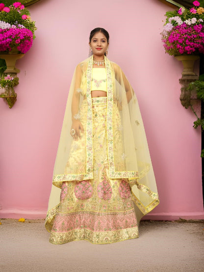 Semi-Stitched Lehenga with Soft Net Fabric & Zari Thread Work by Shreekama