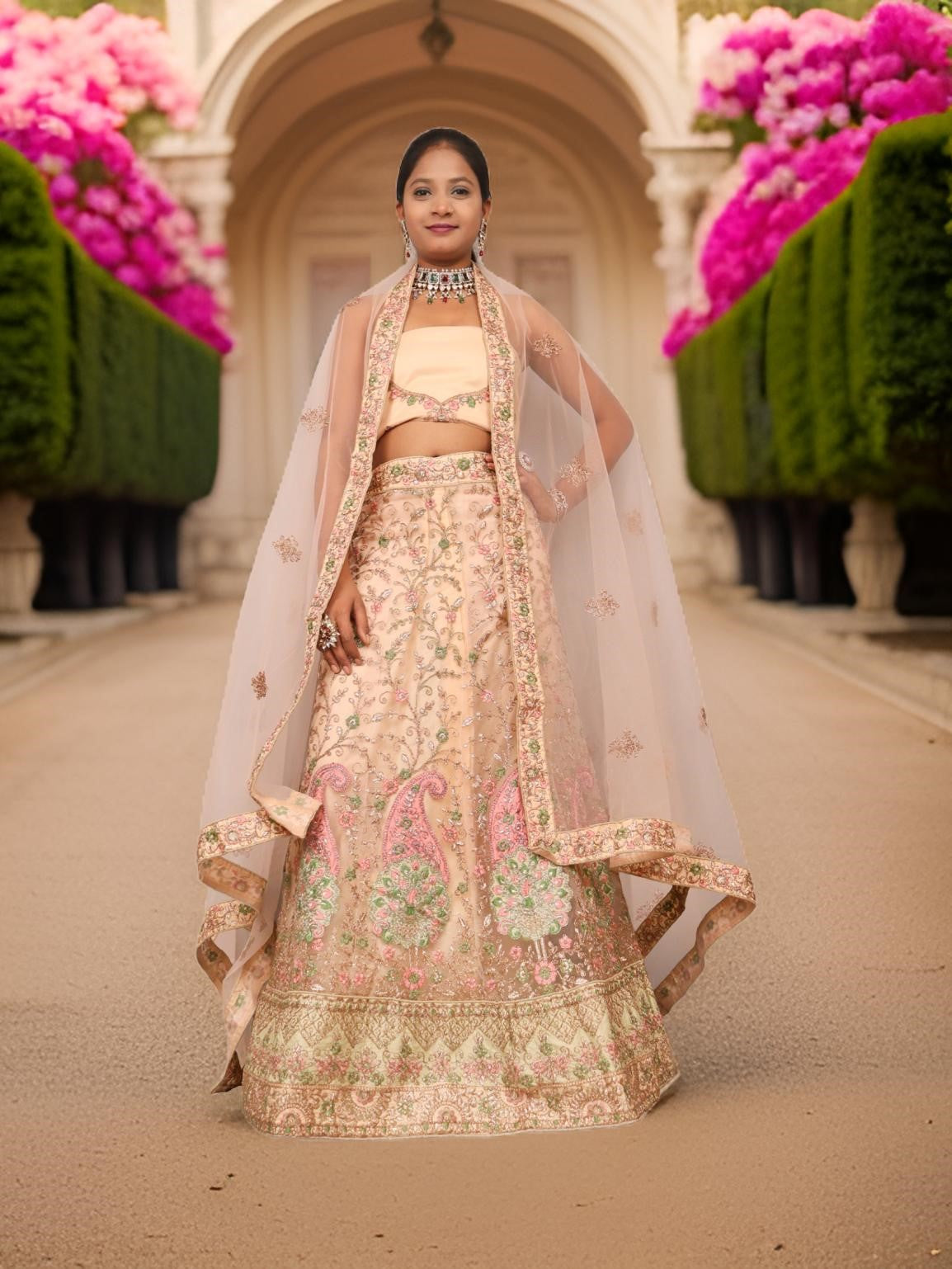 Semi-Stitched Lehenga with Soft Net Fabric & Zari Thread Work by Shreekama