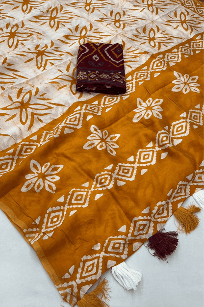 Anandi Hand Batik Chanderi Cotton Saree with Ajrakh Blouse