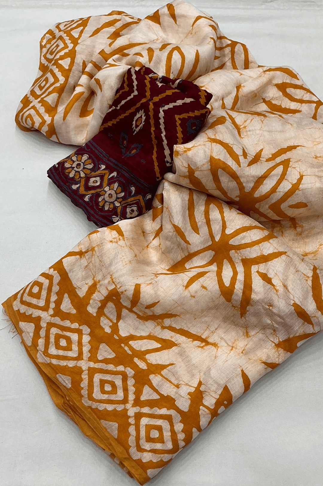 Anandi Hand Batik Chanderi Cotton Saree with Ajrakh Blouse