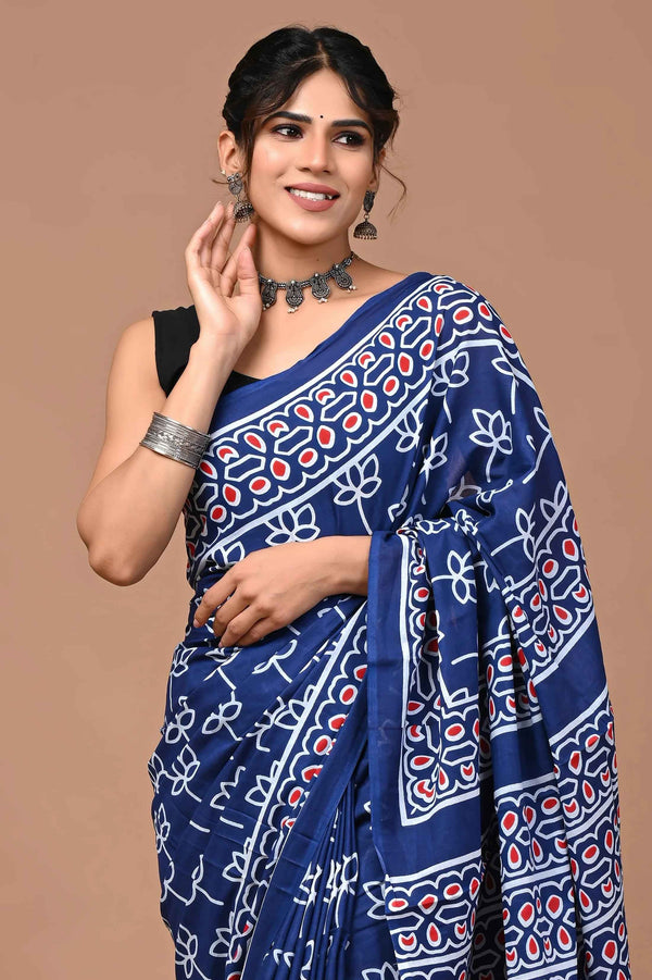 Indigo Beat Block Rhythm Mulmul Cotton Saree