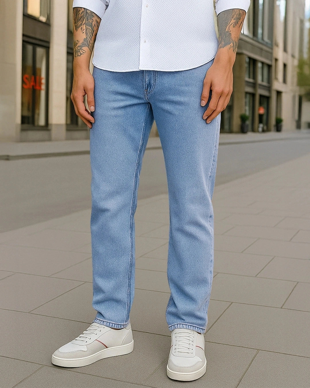 Men's Blue Washed Slim Straight Fit Stretchable Mid-Rise Jeans