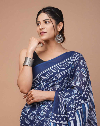 Tribal Trails Bagru Ink Mulmul Cotton Saree